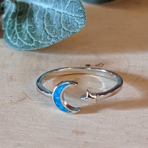 CaraGail'sCloset Jewelry - 925 Sterling Silver Lab Opal Ring - Moon and Star